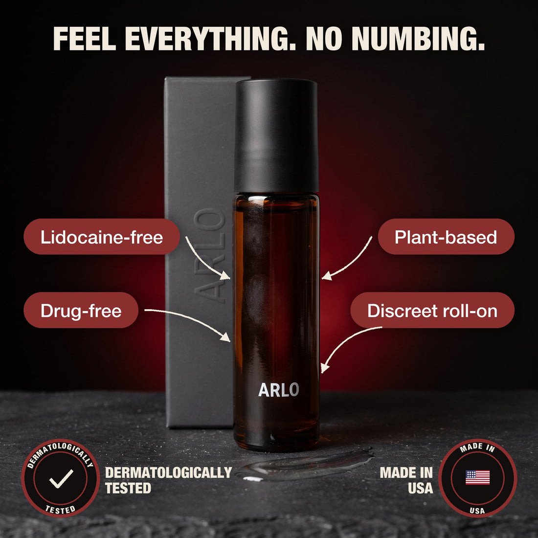 ARLO roll-on with box: drug-free, plant-based, dermatologically tested, made in the USA
