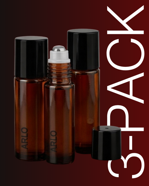 Three amber glass bottles with black caps on a dark red background, labeled 'ARLO' with text '3-Pack' on the right. Premature ejaculation formula for men.